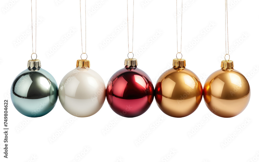 Row of Christmas Ornaments Hanging From Strings. A lineup of colorful Christmas ornaments dangles from strings against a plain background creating a festive and decorative display for the holiday. Row of Christmas Ornaments Hanging From Strings. A lineup of colorful Christmas ornaments dangles from strings against a plain background creating a festive and decorative display for the holiday.