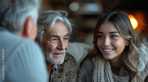 Senior Man Sharing Stories with Granddaughter, Warm family moment as elderly man recounts tales to his engaged young granddaughter