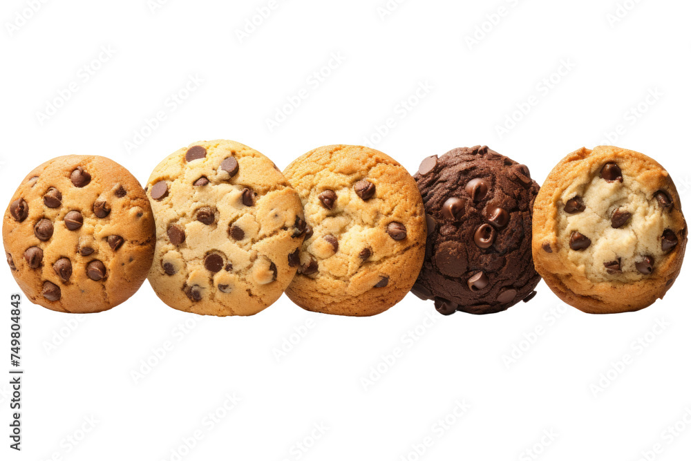 Row of Delicious Chocolate Chip Cookies. A row of freshly baked chocolate chip cookies neatly arranged on a clean white background. Each cookie is golden brown with melting chocolate chips. Row of Delicious Chocolate Chip Cookies. A row of freshly baked chocolate chip cookies neatly arranged on a clean white background. Each cookie is golden brown with melting chocolate chips.