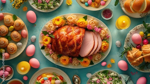 Easter Feast Extravaganza, Traditional Easter dinner or brunch with ham, vibrant display of Easter tradition, featuring glazed ham centerpiece, surrounded by colorful eggs, pastries, and flowers photo