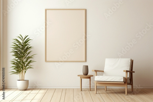 Minimalistic beige interior featuring a lone chair, wooden accents, and a framed space for personalized text. © Nomi