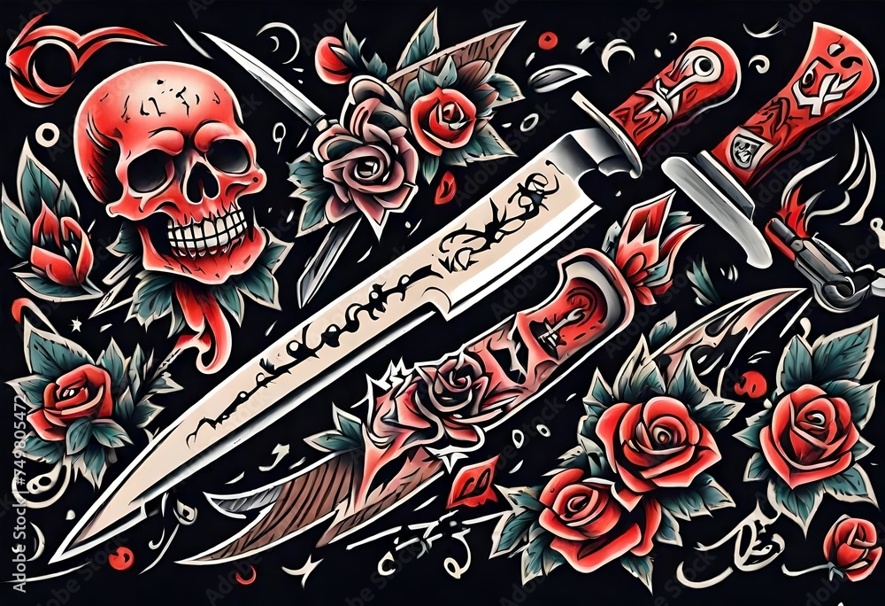 Obraz premium Illustration of Vintage, Flash art, Tattoo, flowers, knife, knives, dagger, sword, skull, skeleton, bones, death, Retro, Old-school, Ink.