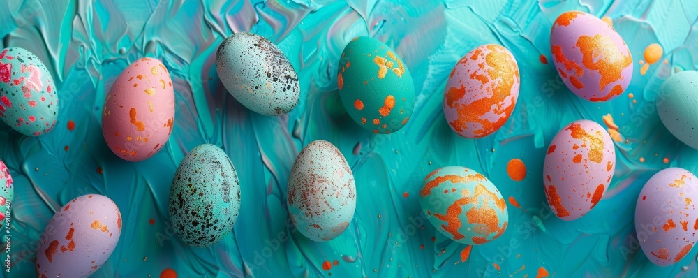 colorful easter eggs on a turquoise background colorful easter eggs on a turquoise background