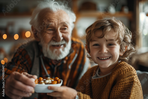 Smiling grandson presents grandfather with pills, family bonding and generational connection concept