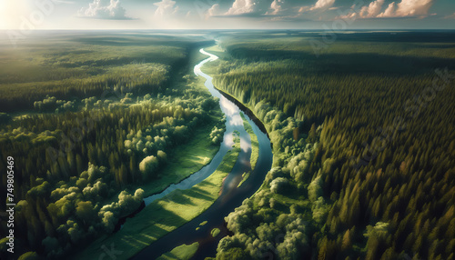 An aerial view of a river winding through a lush green forest