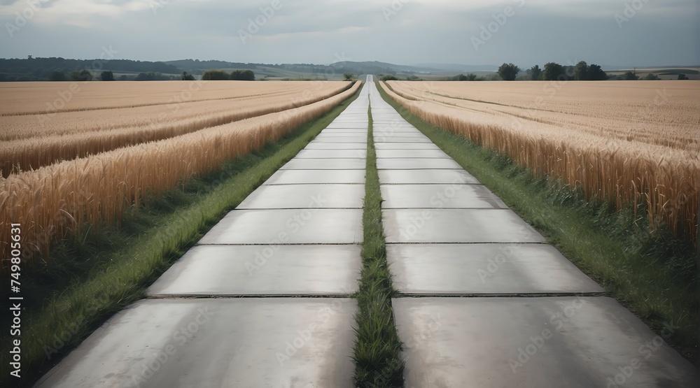 Obraz premium Concrete road in the middle of farm lands from Generative AI