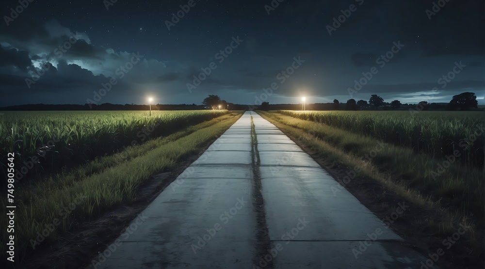 Concrete road in the middle of farm lands at night from Generative AI