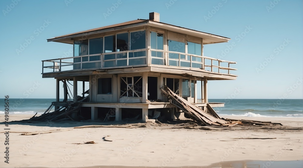 Damaged baywatch house on the beach from Generative AI