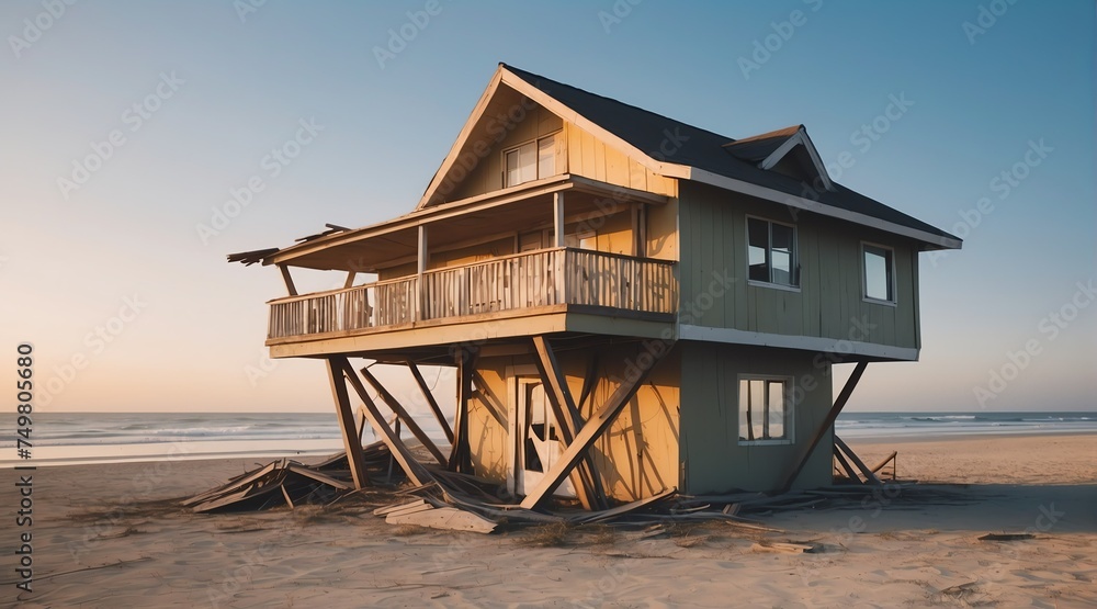 Damaged baywatch house on the beach at sunset from Generative AI Damaged baywatch house on the beach at sunset from Generative AI