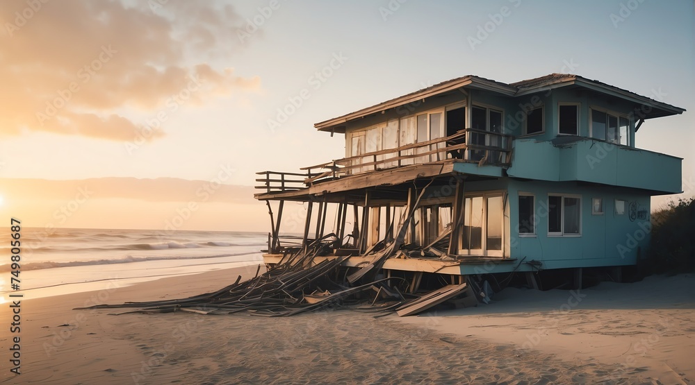 Damaged baywatch house on the beach at sunset from Generative AI