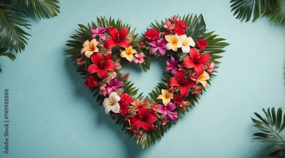 Heart shaped wreath of tropical flowers from Generative AI
