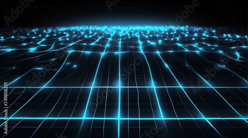 Square grid mesh glowing neon light blue lines and connections on black background  technology network concept from Generative AI