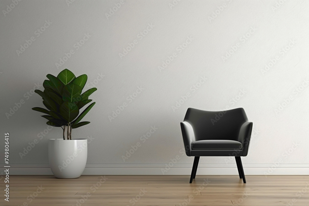 Minimalistic elegance in a living area with a solitary chair, potted plant, and a waiting frame for your personalized messages.