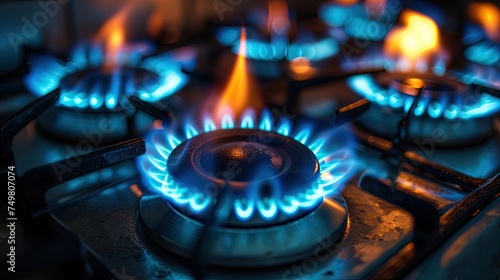 Close-up of single gas burner. Fire. Natural gas. Blurry background. Copy space. Flickering heat: Close-up view of fiery gas burner.