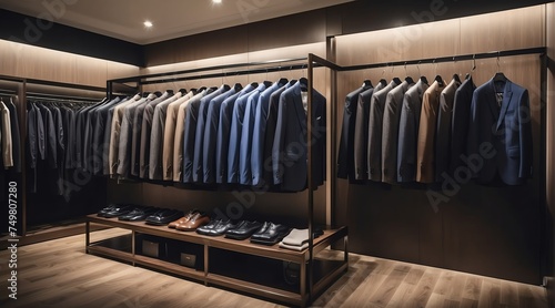 Luxury men clothing formal suit on hanger at high end fashion store boutique from Generative AI © Arceli