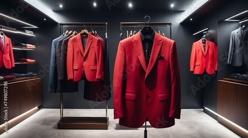 Luxury men clothing red suit on hanger at high end fashion store boutique from Generative AI