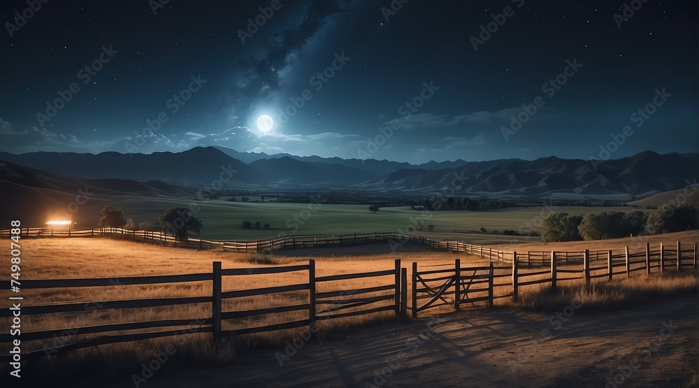 Picturesque landscape of a fenced ranch at night from Generative AI
