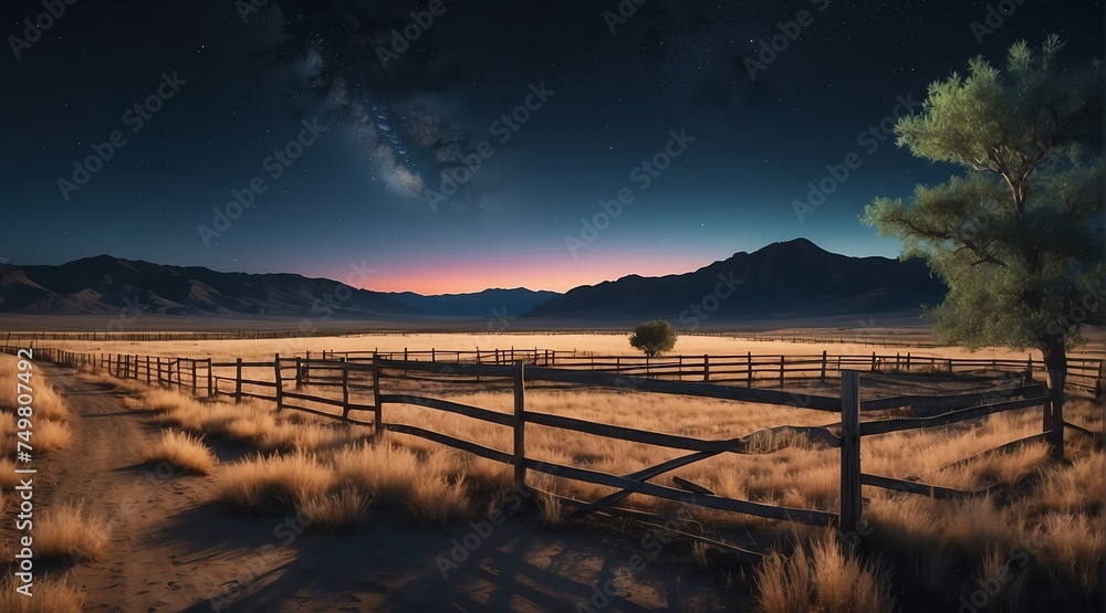 Picturesque landscape of a fenced ranch at night from Generative AI