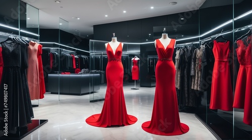 Luxury women clothing sexy red dress on hanger at high end fashion store boutique from Generative AI