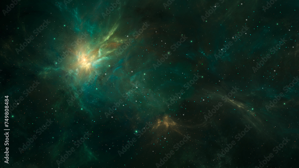 Space background. Colorful fractal nebula in green and orange color with star field. Digital painting