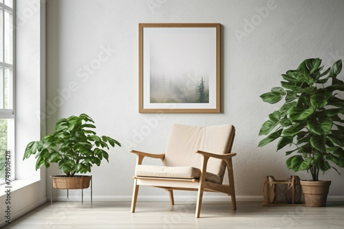Enter a Scandinavian sanctuary where a wooden chair, a vibrant plant, and an empty frame invite your imagination and thoughts.