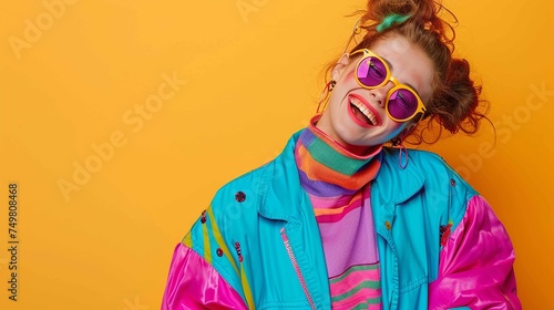 Surrealistic depiction of a young happy woman laughing in vibrant 80s fashion against a solid colored background