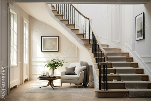 A tranquil retreat awaits at the top of a Scandinavian staircase, where understated beauty and quiet elegance converge in perfect harmony.