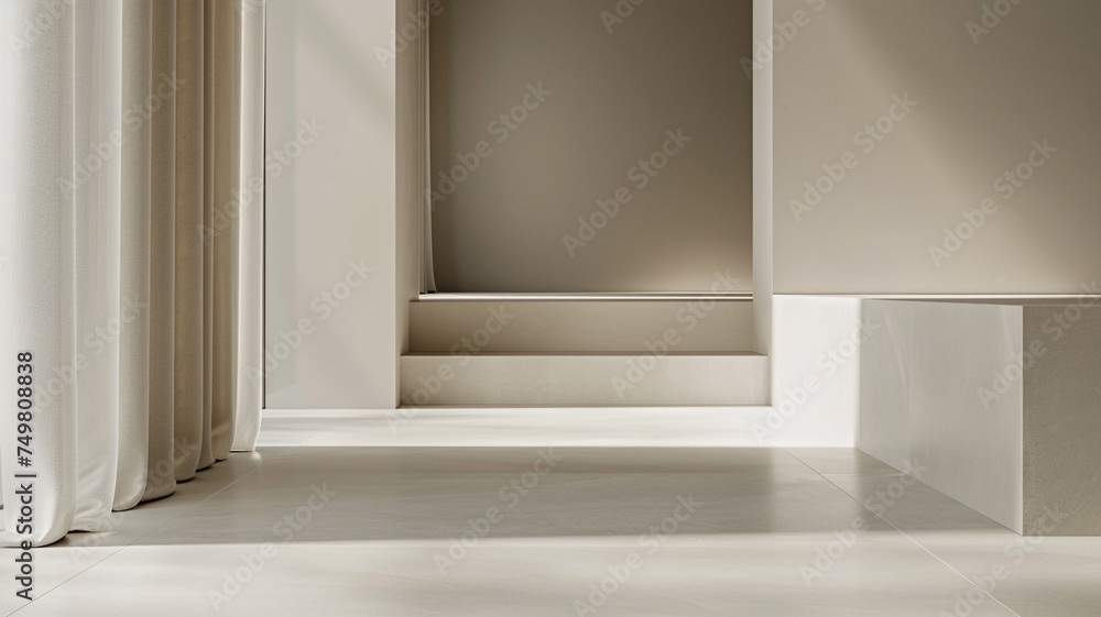 Fototapeta premium A close-up shot of a minimalist floor design with large format porcelain tiles in a neutral beige hue, featuring a subtle matte finish and clean lines.