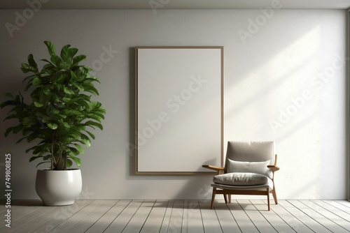 Contemporary Nordic interior  centered around a solitary chair  plant  and a blank frame for personalized text.