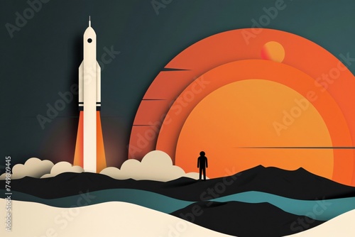 A dynamic papercut depiction of a rocket launch with the astronaut watching from afar in a simple yet powerful color scheme of black white fiery orange and sky blue