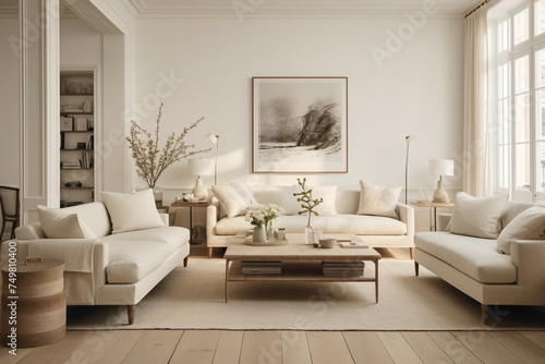 An elegant beige living room with Scandinavian influences, adorned with clean aesthetics, understated decor, and a sense of tranquility.