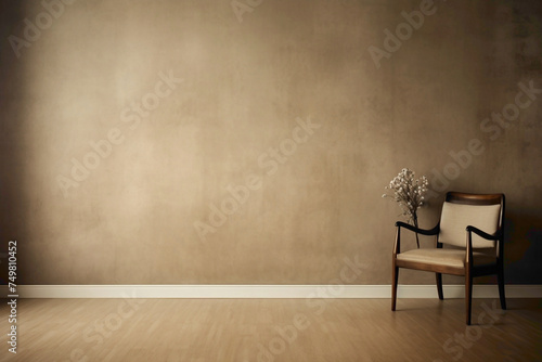 A solitary chair in a beige-toned room, its empty frame ready for your imagination.