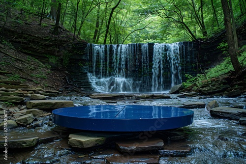 A royal blue podium at the base of a cascading waterfall in a forest where the spray of the water and the sound of the falls create a dynamic backdrop
