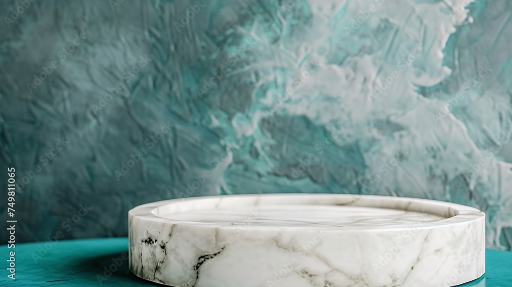 A soothing white marble podium against a rich teal background offering a tranquil yet striking display space