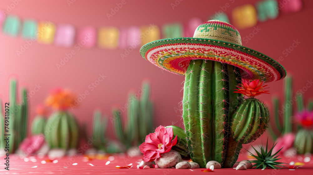 A playful cactus adorned with a colorful sombrero, set against a pink backdrop with hanging festive paper decorations.