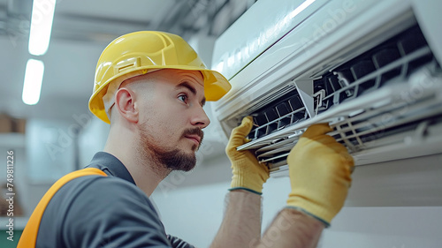 Portrait of technician is repairing air conditioner at home. Young man wearing helmet and vest doing air condition maintenance service. Picture for HVAC concept. Generative AI photo