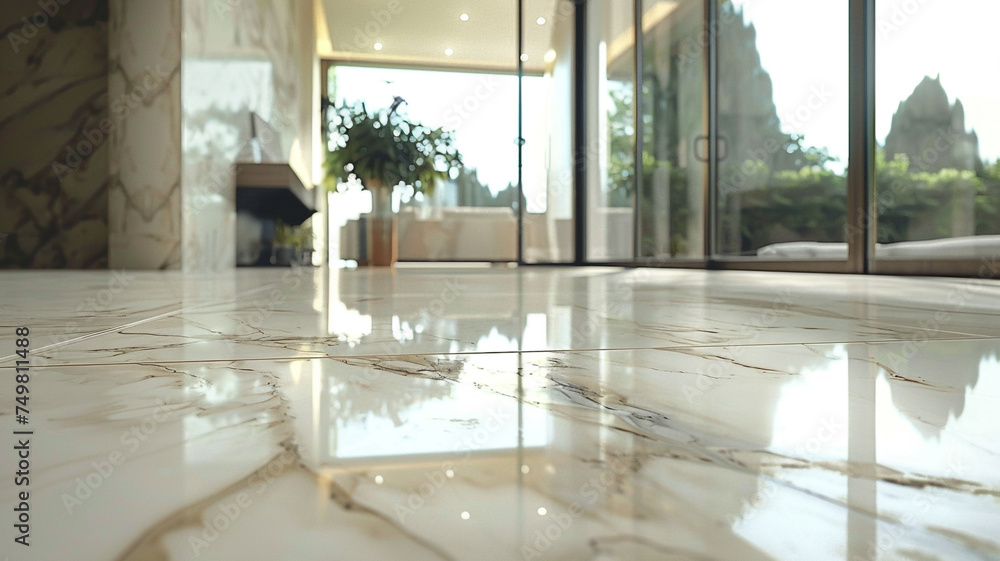 Fototapeta premium A detailed UHD capture of a contemporary floor design with porcelain tiles in a marble-effect finish, featuring oversized slabs and dramatic veining for a luxurious and sophisticated look.
