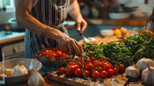 Adult Chef Preparing a Mediterranean-Inspired Dish with Tomatoes and Garlic in the Kitchen