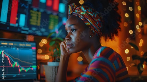 African-Inspired Businesswoman Analyzing Stock Prices on Digital Screens