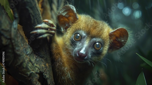Close-up of a nocturnal aye-aye lemur, gripping a tree branch with large expressive eyes in a dark forest setting. photo