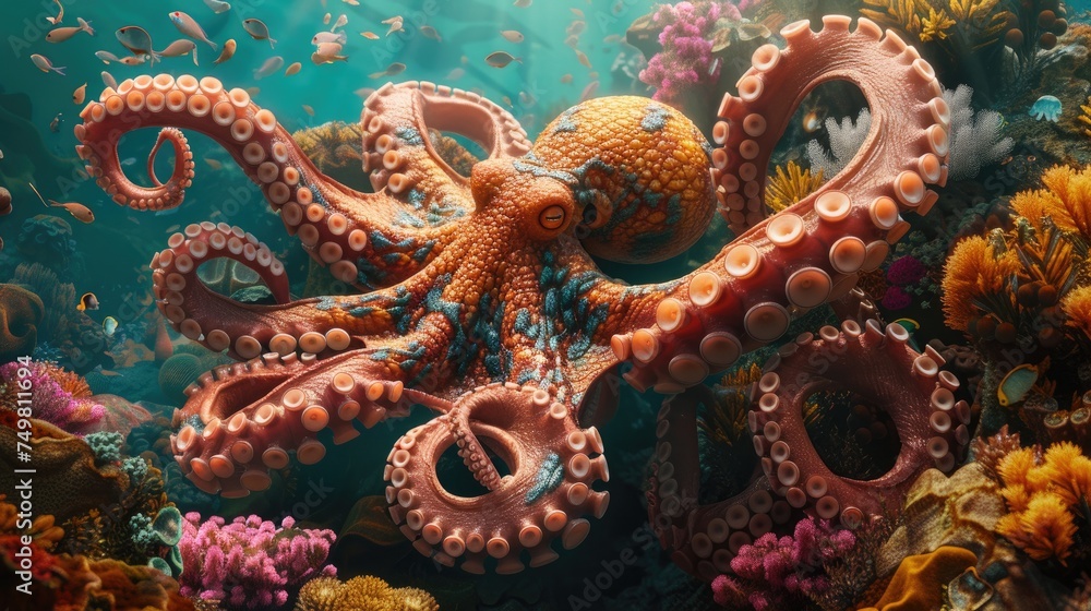 In the midst of a bustling coral reef filled with a myriad of marine creatures, a majestic giant octopus unfurls its impressive tentacles, commanding attention with its presence. In the midst of a bustling coral reef filled with a myriad of marine creatures, a majestic giant octopus unfurls its impressive tentacles, commanding attention with its presence.