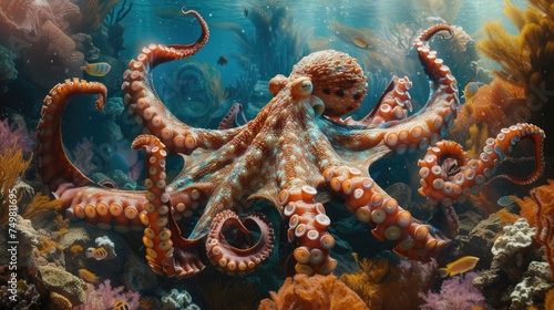 Amidst a vibrant coral reef bustling with marine life, a majestic giant octopus gracefully extends its tentacles, adding a sense of awe to the underwater scene © HappyFarmDesign