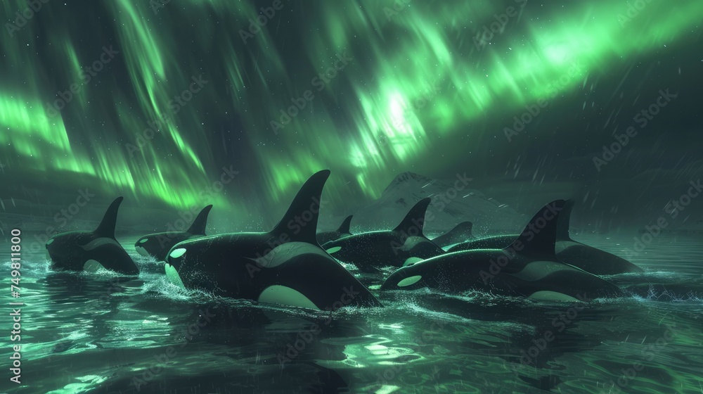 Obraz premium Beneath the mesmerizing green hues of the Northern Lights, a pod of orcas glides peacefully through the Arctic waters, their sleek forms illuminated by the ethereal glow.