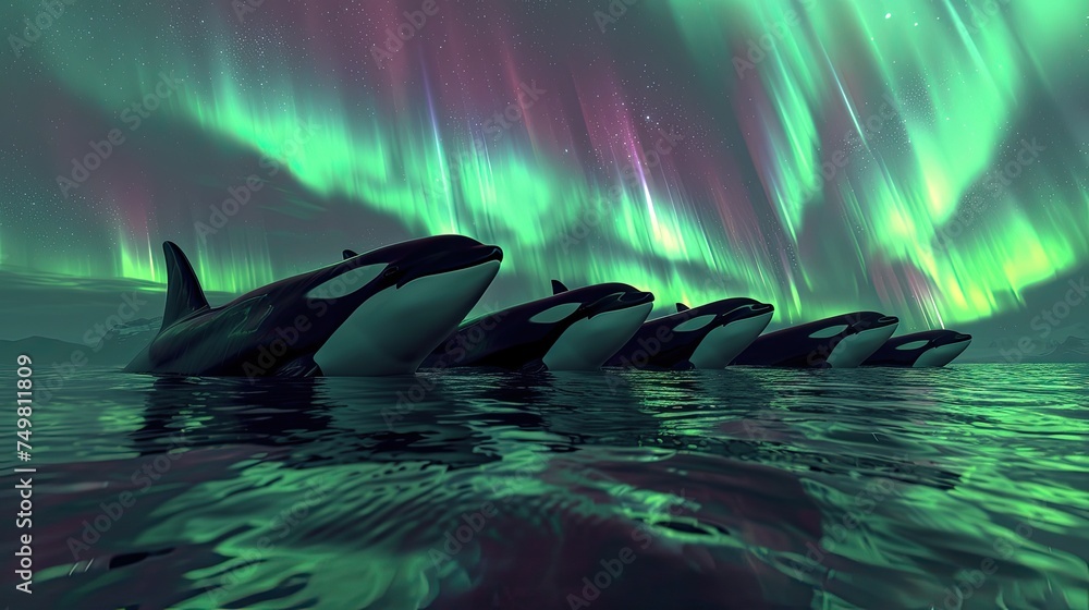 Under the spellbinding display of the Northern Lights' green glow, a pod of orcas swims tranquilly through the Arctic waters, their majestic presence adding to the magical ambiance.