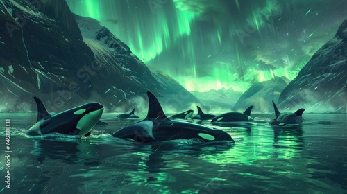 Under the captivating spectacle of the Northern Lights, a pod of orcas navigates the Arctic waters with calm elegance, their presence harmonizing with the mystical ambiance.