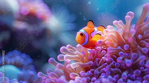 A single clownfish, with its vibrant orange and white stripes, navigates through the purple tentacles of a sea anemone in a marine aquarium. © HappyFarmDesign