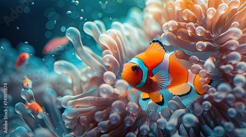 In the tranquil environment of a marine aquarium, a solitary clownfish, with its striking orange and white markings, elegantly glides amidst the gently swaying purple tentacles of a sea anemone. © HappyFarmDesign