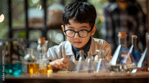 Boy in Asian-Inspired Lab Setting Conducting School Science Experiment