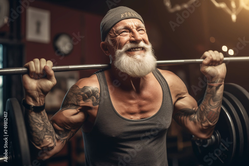Old athle, Fitness man at workout. Elderly pensioner old man smiling in gym. 60-70 Year Old Bodybuilder. Old bodybuilder grandfather in gym. Pensioner with smile lifts weight in sports club.