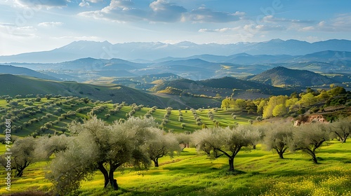 Serene landscape of rolling hills and olive trees under a clear blue sky. captivating view, perfect for wall art and calendars. AI © Irina Ukrainets